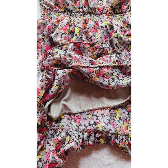 Y2K Pink Floral Chiffon ruffle mini Dress Sz Large Spaghetti Straps Lined chintz - Picture 11 of 12